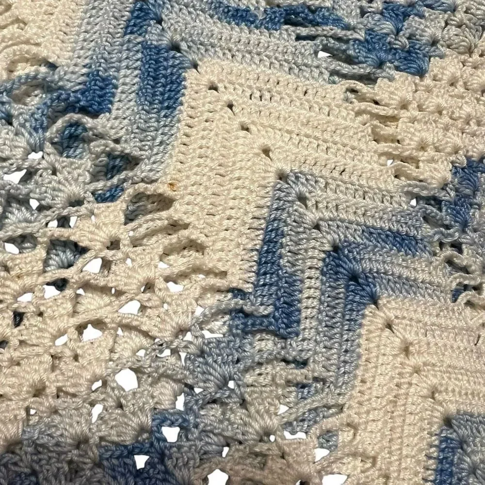 Vintage Handmade Crochet Apron With Small Pocket Blue‎ White Straps Approx 48”